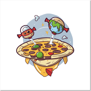 Spacecraft pizza with salami and spaceships earth and robot Posters and Art